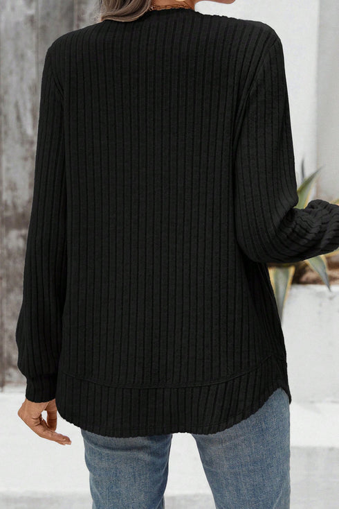 Ribbed Texture Round Neck Drop Shoulder Rounded Hem Knit Top